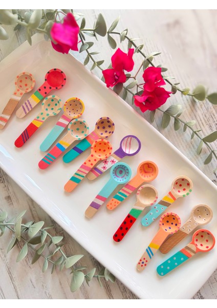 6' Lı Renkli Baharat Kaşığı - Mini Tahta Kaşık Seti- Handmade - El Çizimi Bambu Kaşık - Hediyelik- Dekoratif - Doğal Ahşap Kaşık Seti - Organik- Mumbastik