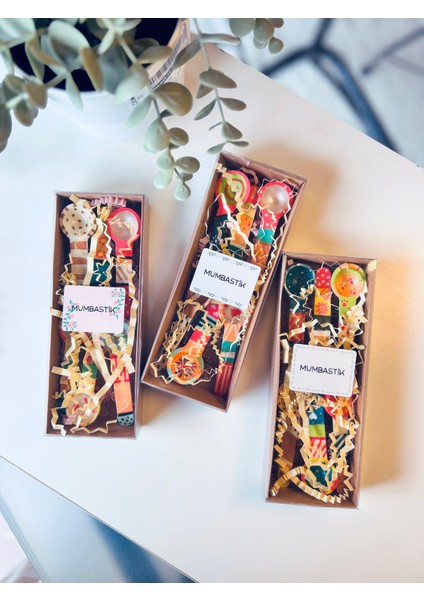 6' Lı Renkli Baharat Kaşığı - Mini Tahta Kaşık Seti- Handmade - El Çizimi Bambu Kaşık - Hediyelik- Dekoratif - Doğal Ahşap Kaşık Seti - Organik- Mumbastik modelleri