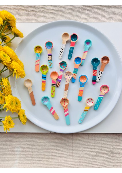 6' Lı Renkli Baharat Kaşığı - Mini Tahta Kaşık Seti- Handmade - El Çizimi Bambu Kaşık - Hediyelik- Dekoratif - Doğal Ahşap Kaşık Seti - Organik- Mumbastik fırsatları