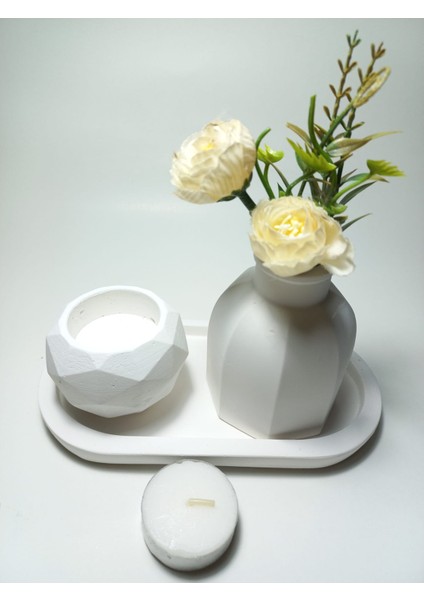 Geometrik Mumluk ve Vazo Dekoratif Tabaklı Set Beyaz modelleri