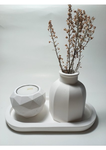 Geometrik Mumluk ve Vazo Dekoratif Tabaklı Set Beyaz fırsatları