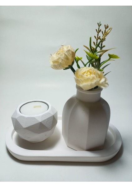 Geometrik Mumluk ve Vazo Dekoratif Tabaklı Set Beyaz