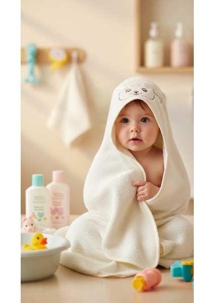 Pamuklu Yumuşacık Kız- Erkek Yenidoğan /Bebek Banyo Havlu Kundak EKRU/KUZU