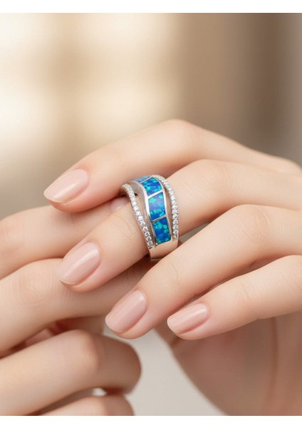 Kadın 925 Ayar Gümüş Mavi Opal Taşlı Dalgalı Zirkon Taşlı Yüzük
