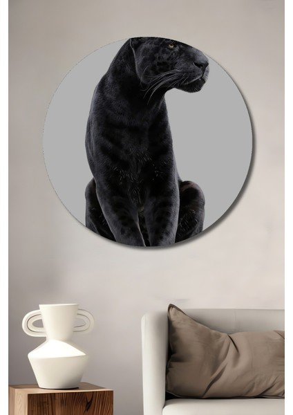 Dekoratif Ahşap Yuvarlak Tablo Siyah Panter Duruşu