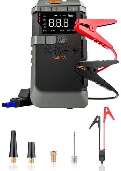 Auhma 4-In-1 Şarjlı Akü Takviye Cihazı – 12000 Mah Güç Kapasitesi, 1200A Anlık Akım, Dijital Lastik Pompası, Powerbank ve LED Işıklı Çok Fonksiyonlu Acil Durum Oto Yardım Cihazı Saklama Çantalı