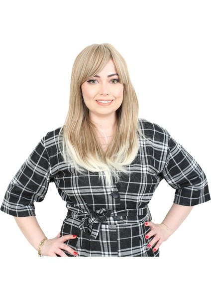 Düz Perçemli Orta Boy Fiber Sentetik Peruk - Karamel / Platin Röfleli