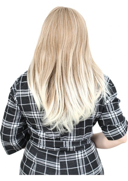Düz Perçemli Orta Boy Fiber Sentetik Peruk - Karamel / Platin Röfleli fırsatları