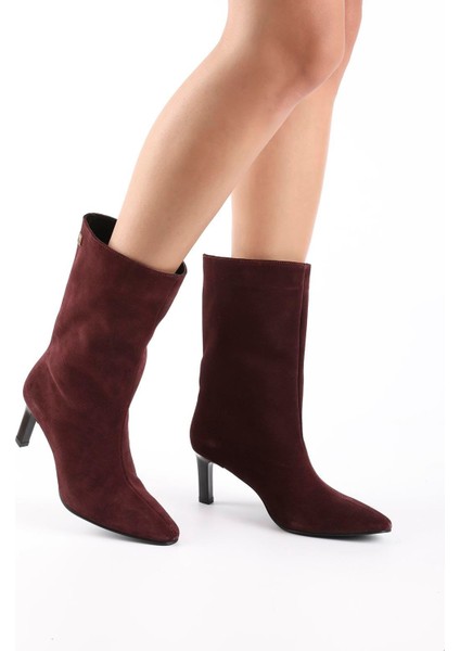 Alvina Hakiki Süet Deri Bordo Kadın Topuklu Bot