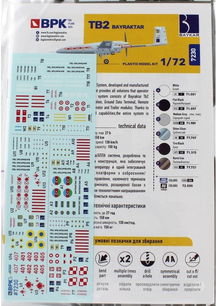 7230 1/72 Ölçek, Bayraktar Tb2 (Ikili Set), Silahlı Insansız Hava Aracı, Plastik Model Kiti