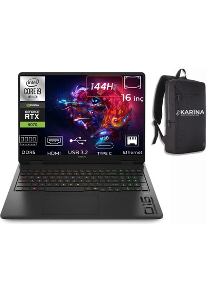 Omen 16-AM0031NT I9-14900HX C39J4EA-23 32GB 2tb+2tb RTX5070 8gb W11PRO 16" 144Hz Wuxga Gaming Laptop