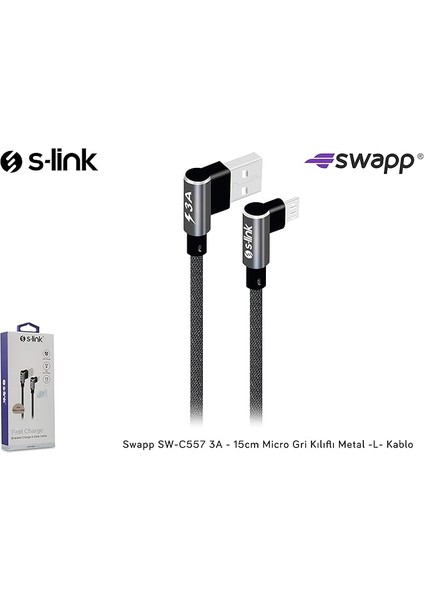 SW-C557 3A - 15CM Micro Gri Kılıflı Metal -L- Kablo
