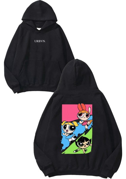 Powerpuff Girls Tasarım Baskılı Oversize Siyah Kapüşonlu Sweatshirt
