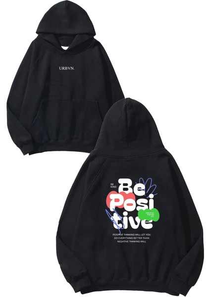 Be Positive 1 Tasarım Baskılı Oversize Siyah Kapüşonlu Sweatshirt