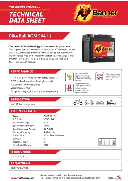 12 V 4 Ah Motor Aküsü BTX5L-BS - YTX5L-BS fiyatları