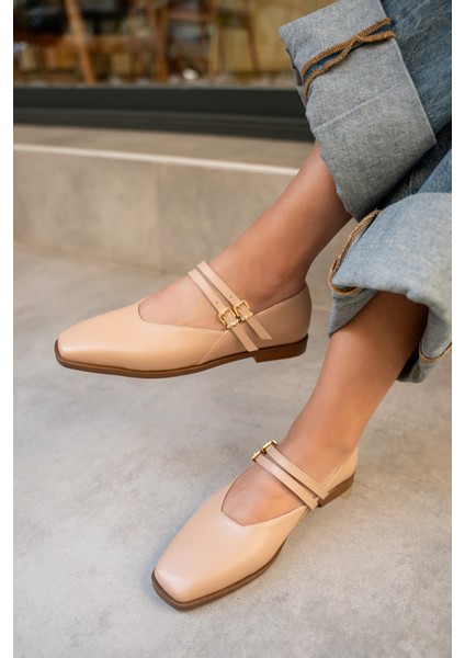 Jadon Nude Deri Çift Toka Detaylı Babet modelleri