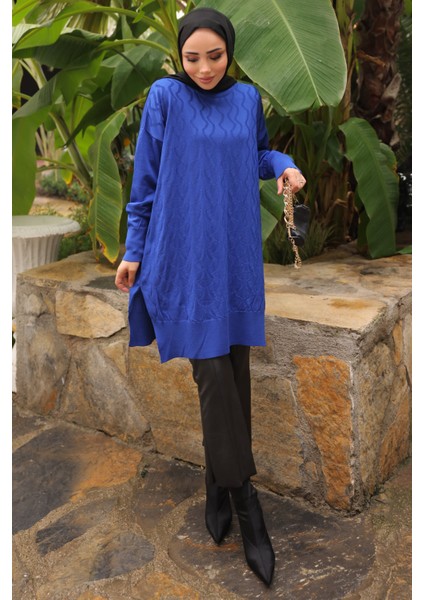 Saks Mavi Bisiklet Yaka Soğuk İplik Triko Tunik