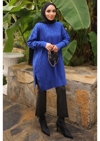 Saks Mavi Bisiklet Yaka Soğuk İplik Triko Tunik modelleri