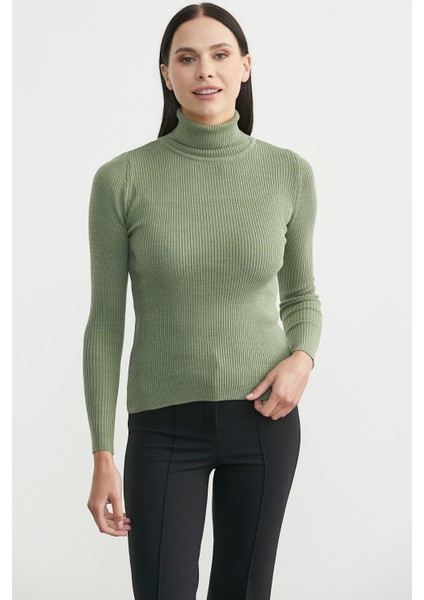 Tam Balıkçı Fitilli Basic Triko Kazak - Çağla Yeşili