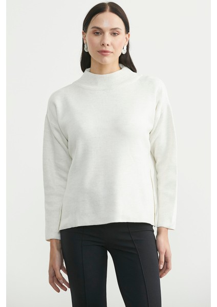 Oversize Dik Yaka Triko Kazak - Kemik