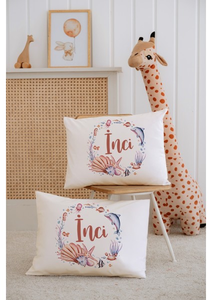 %100 Pamuk Isme Özel 2li Ekru Bebek Yastık Kılıfı 35X45 Cm-Deniz Canlıları