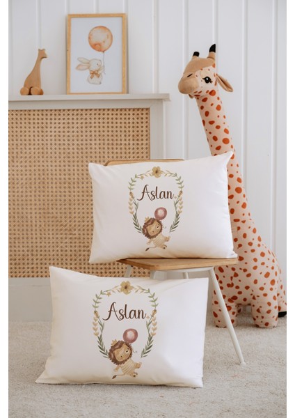 %100 Pamuk Isme Özel 2li Ekru Bebek Yastık Kılıfı 35X45 Cm-Aslan