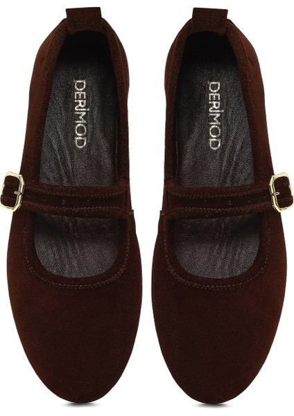 Kadın Kahverengi Tokalı Süet Deri Babet 25WFD350110