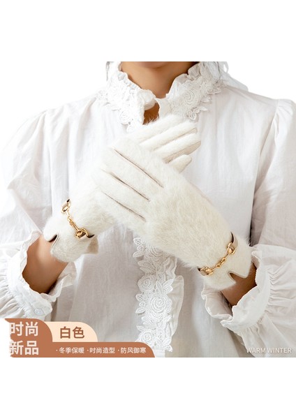 Tavşan Kürk Yün Kadın Kalınlaştırılmış Kışlık Sürüş Soğuktan Koruyan Dış Mekan Rüzgardan Koruyan Dokunmatik Ekranlı Eldiven (Yurt Dışından)