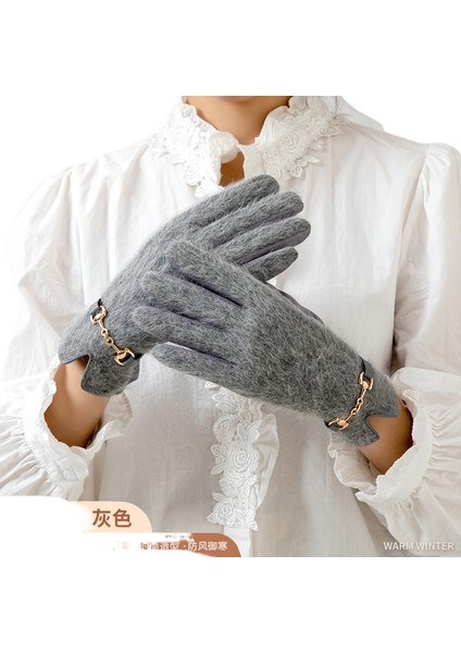 Tavşan Kürk Yün Kadın Kalınlaştırılmış Kışlık Sürüş Soğuktan Koruyan Dış Mekan Rüzgardan Koruyan Dokunmatik Ekranlı Eldiven (Yurt Dışından)