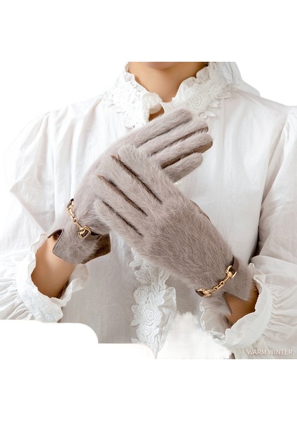 Tavşan Kürk Yün Kadın Kalınlaştırılmış Kışlık Sürüş Soğuktan Koruyan Dış Mekan Rüzgardan Koruyan Dokunmatik Ekranlı Eldiven (Yurt Dışından)