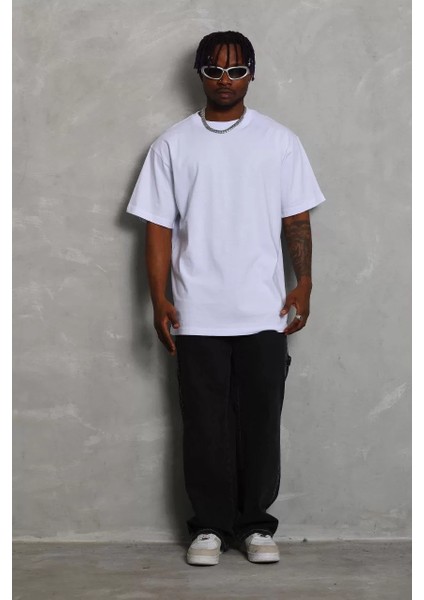 Unisex Oversize Düz Bisiklet Yaka T-Shirt - Beyaz modelleri
