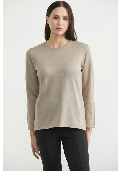 Yuvarlak Yaka Uzun Basic Triko Kazak - Bej fiyatları