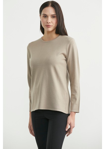 Yuvarlak Yaka Uzun Basic Triko Kazak - Bej modelleri