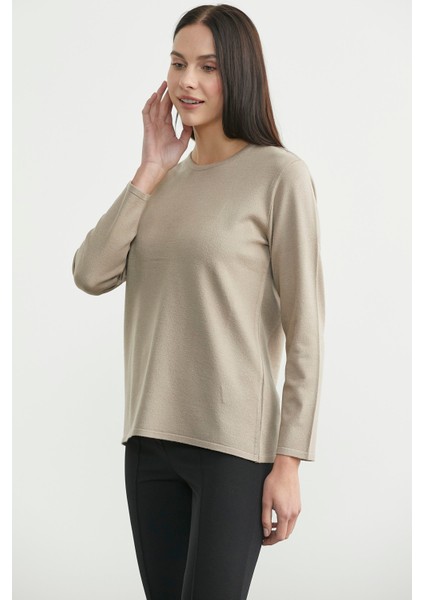 Yuvarlak Yaka Uzun Basic Triko Kazak - Bej fırsatları