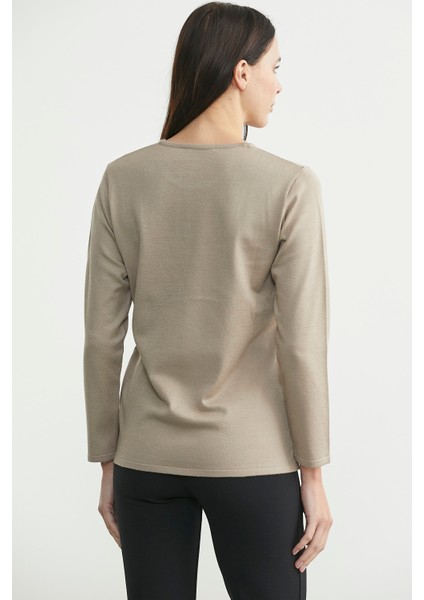 Yuvarlak Yaka Uzun Basic Triko Kazak - Bej indirimleri
