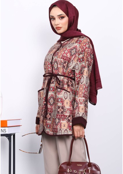 Mürdüm Etnik Desenli Çıtçıtlı Ceket modelleri