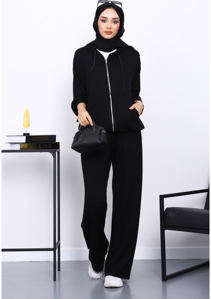 Siyah Kapşonlu Fermuarlı Kanguru Cepli Modal Takım