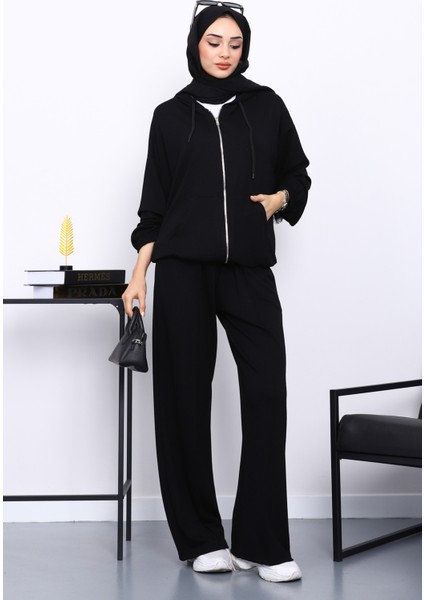 Siyah Kapşonlu Fermuarlı Kanguru Cepli Modal Takım modelleri