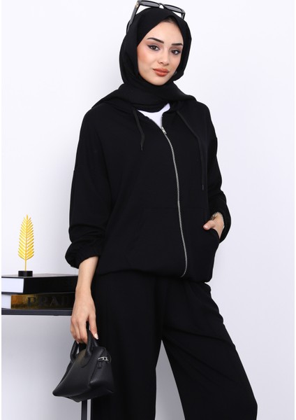 Siyah Kapşonlu Fermuarlı Kanguru Cepli Modal Takım fırsatları