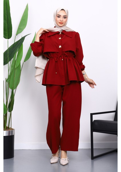 Bordo Double Krep Tunik Pantolonlu Takım