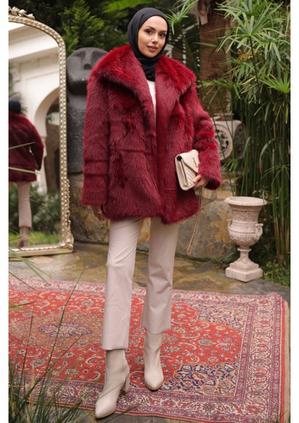 Bordo Kemerli Astarlı Kürk Kaban
