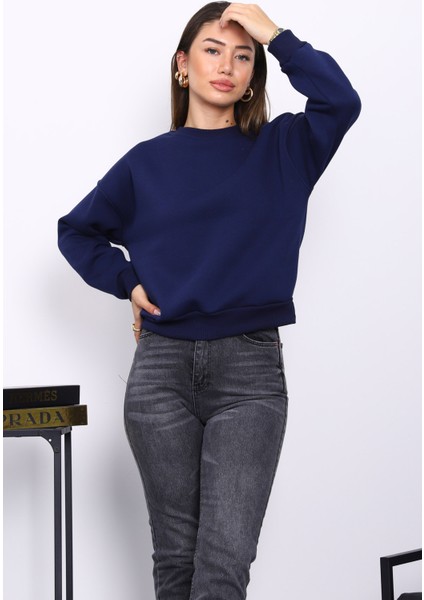 Lacivert Bisiklet Yaka Üç İplik Sweat