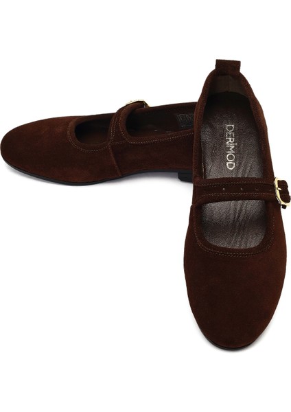 Kadın Kahverengi Tokalı Süet Deri Babet 25WFD350110