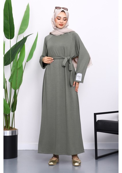 Haki Kolu Armalı Reglan Kol Basic Modal Kuşaklı Elbise