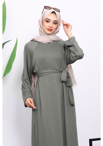 Haki Kolu Armalı Reglan Kol Basic Modal Kuşaklı Elbise modelleri