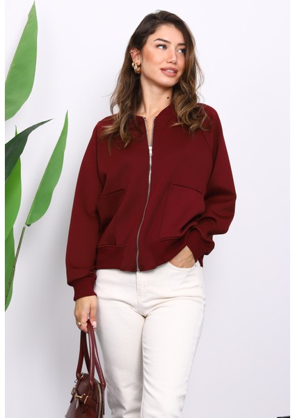 Bordo Fermuarlı Scuba Kısa Ceket