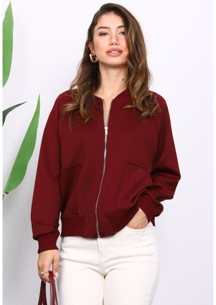 Bordo Fermuarlı Scuba Kısa Ceket modelleri