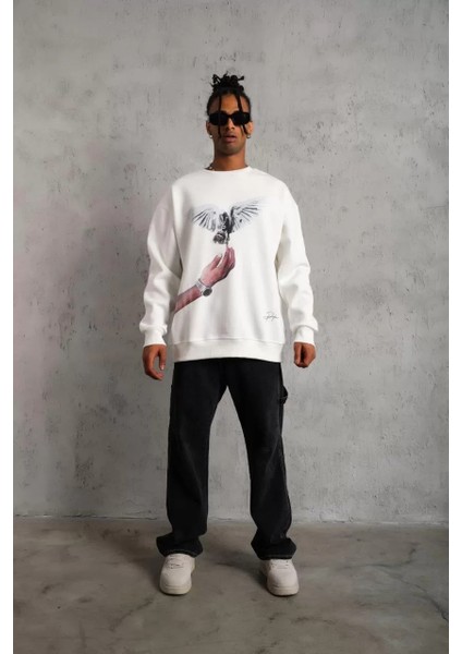 Erkek Güvercin Baskılı Sweatshirt - Beyaz modelleri