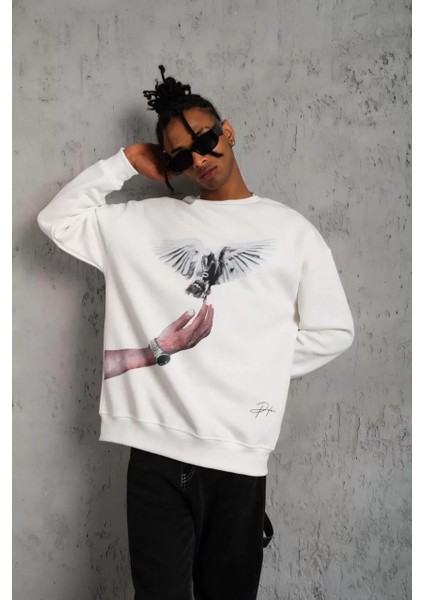 Erkek Güvercin Baskılı Sweatshirt - Beyaz fırsatları