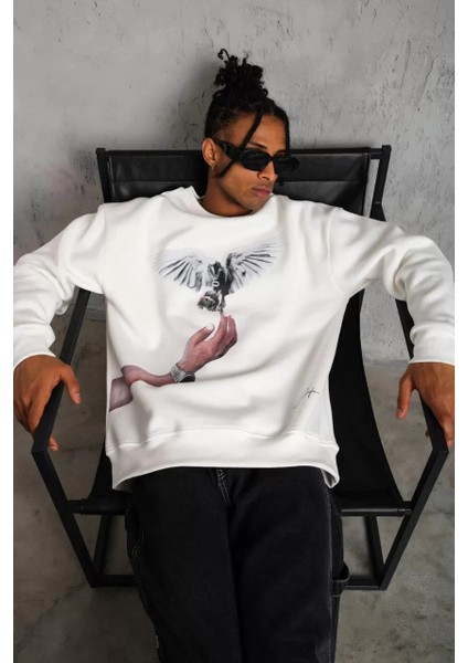 Erkek Güvercin Baskılı Sweatshirt - Beyaz indirimleri